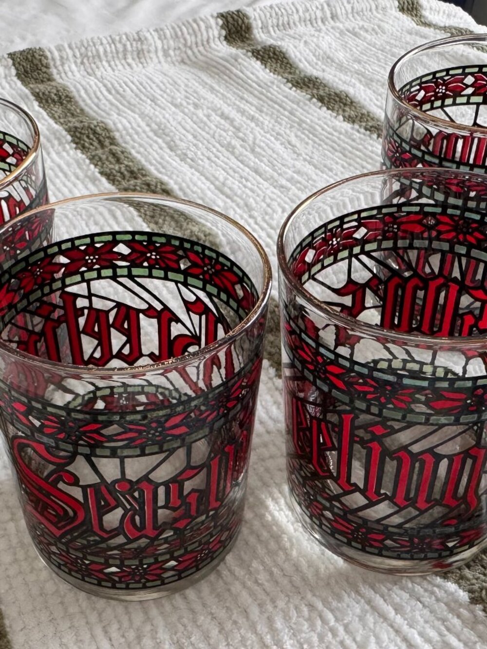 Vintage Houze Seasons Greetings Stained Glass Double Old Fashioned Glasses 4 set